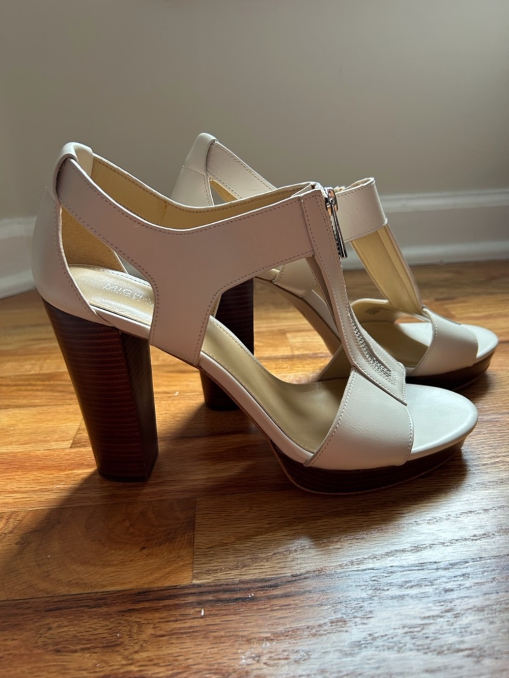 Michael Kors Women’s Cream Zip-Front T-Strap Heeled Sandals
